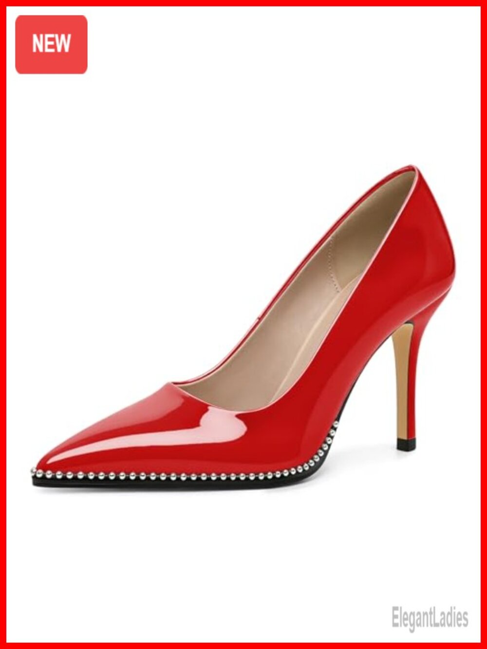 Women Beaded Patent Leather Pointed Toe Stiletto High Heel Dress Pumps